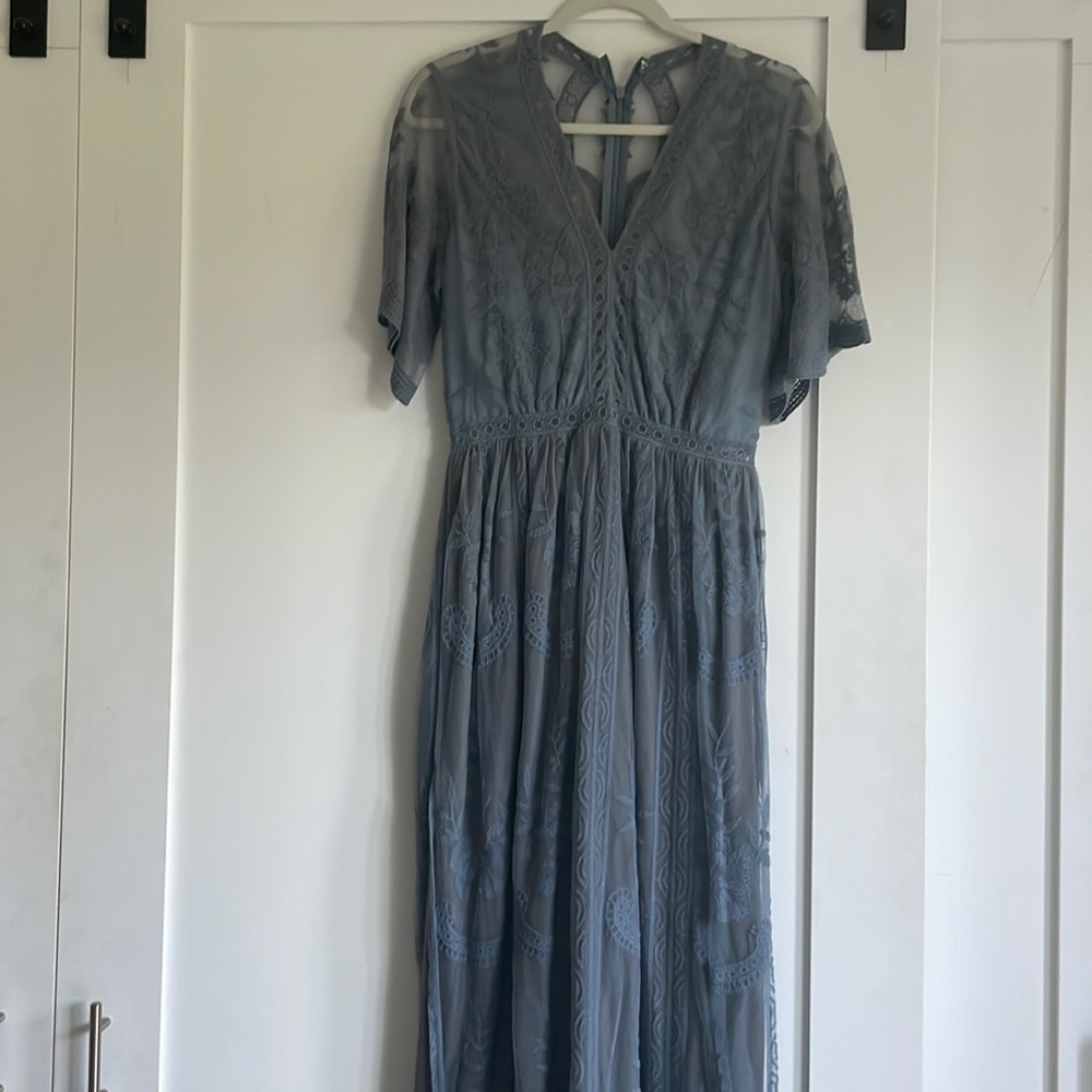 dusty blue lace maxi bridesmaid dress. Altered to be maternity friendly